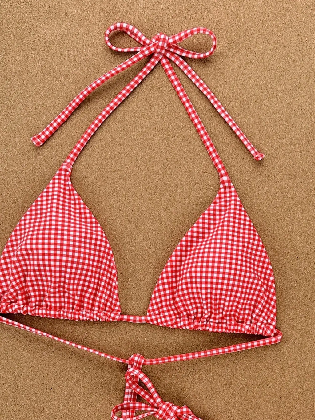 Cute Red Plaid Gingham Halter Bikini Set - 2 Piece Triangle Top & Tie Side Bottoms Swimsuit for Summer Beach Vacation