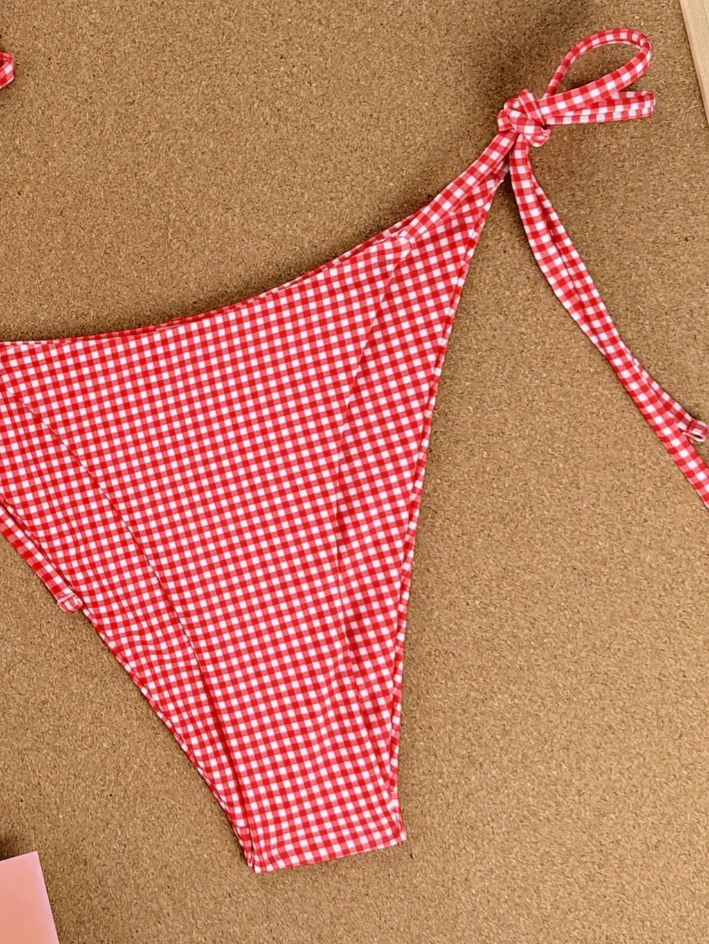 Cute Red Plaid Gingham Halter Bikini Set - 2 Piece Triangle Top & Tie Side Bottoms Swimsuit for Summer Beach Vacation