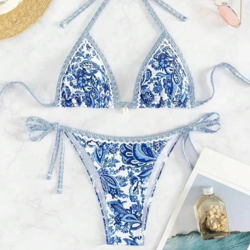 2025 Halter String Triangle Two Piece Bikini Women Swimwear Female Swimsuit Bathers Bathing Swimming Suit Beachwear Summer