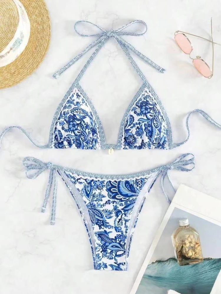 2025 Halter String Triangle Two Piece Bikini Women Swimwear Female Swimsuit Bathers Bathing Swimming Suit Beachwear Summer