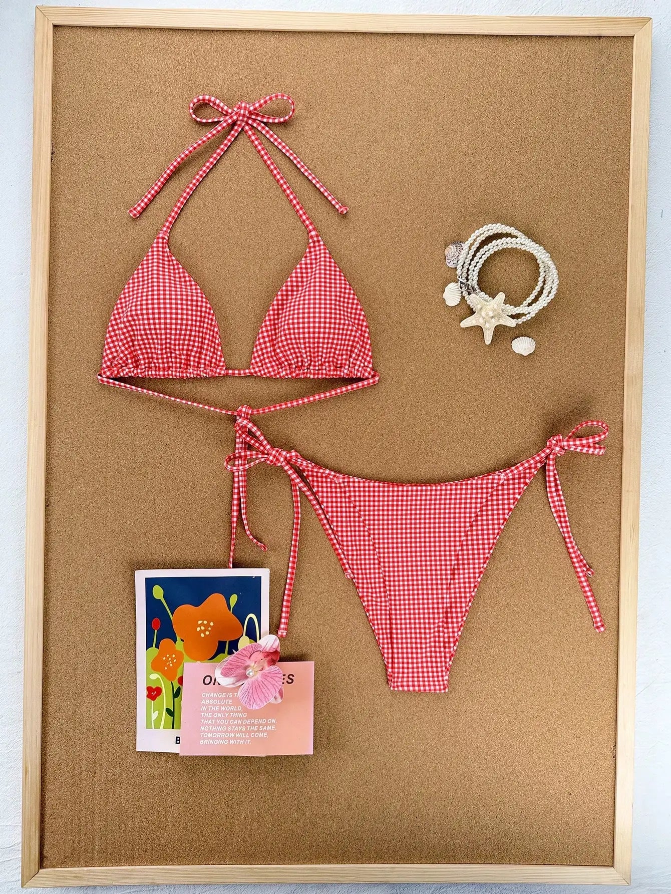 Cute Red Plaid Gingham Halter Bikini Set - 2 Piece Triangle Top & Tie Side Bottoms Swimsuit for Summer Beach Vacation