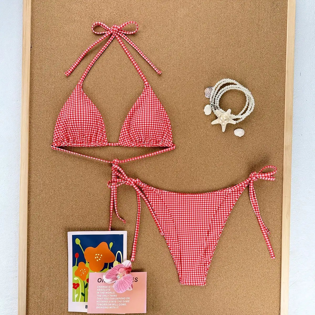 Cute Red Plaid Gingham Halter Bikini Set - 2 Piece Triangle Top & Tie Side Bottoms Swimsuit for Summer Beach Vacation