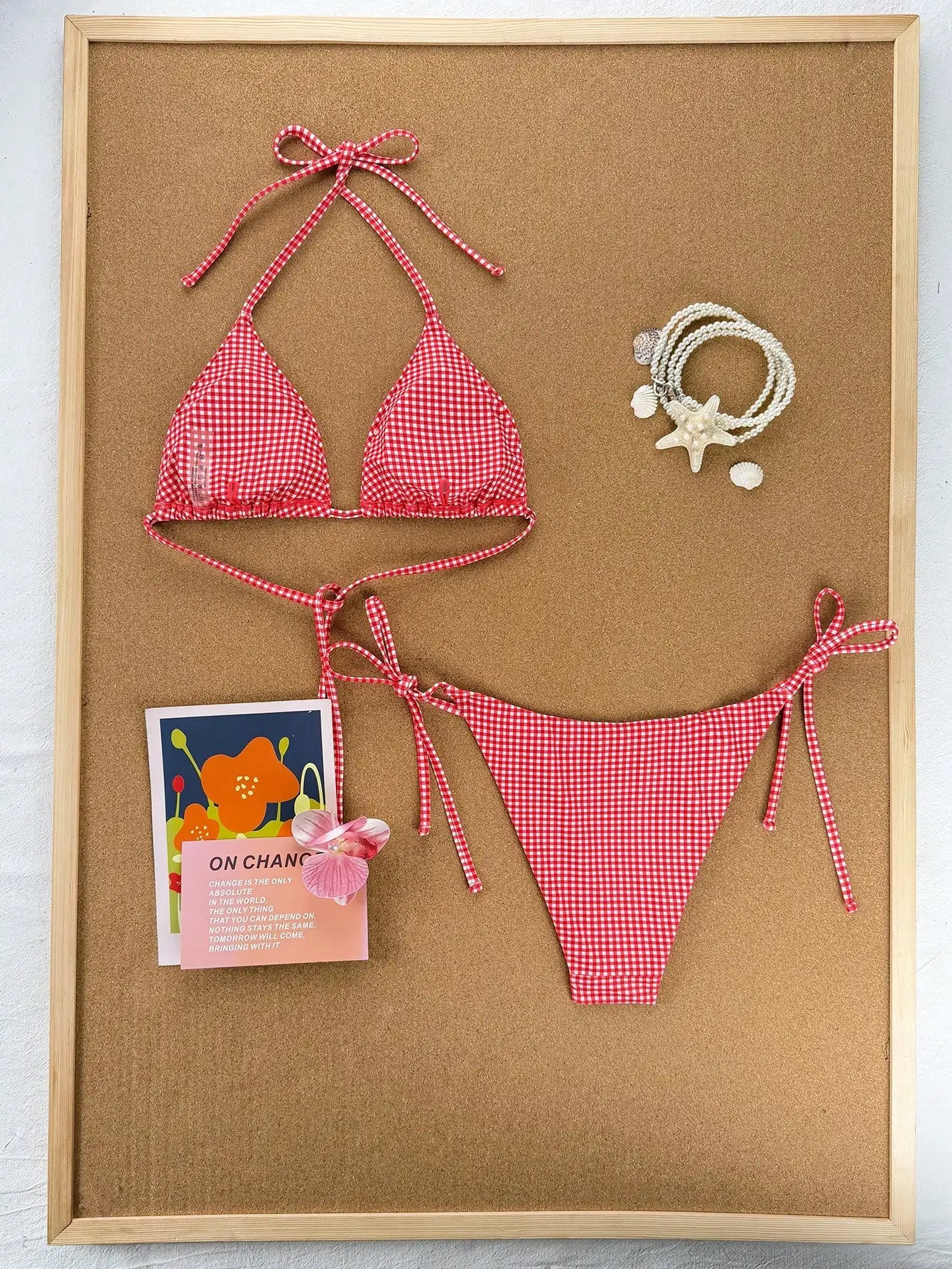 Cute Red Plaid Gingham Halter Bikini Set - 2 Piece Triangle Top & Tie Side Bottoms Swimsuit for Summer Beach Vacation