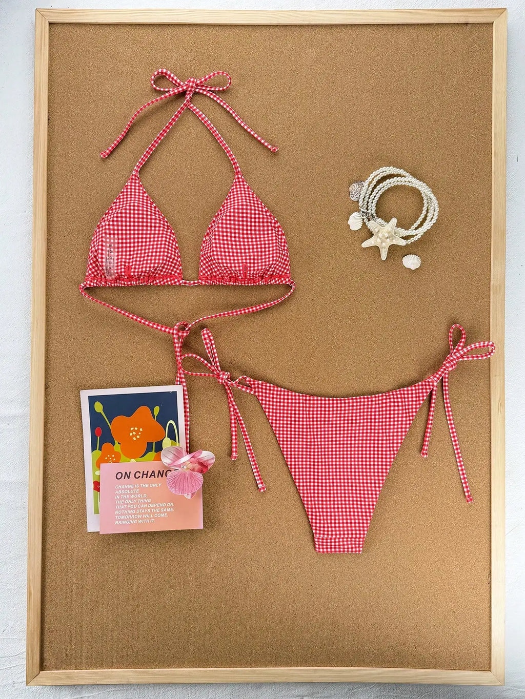 Cute Red Plaid Gingham Halter Bikini Set - 2 Piece Triangle Top & Tie Side Bottoms Swimsuit for Summer Beach Vacation
